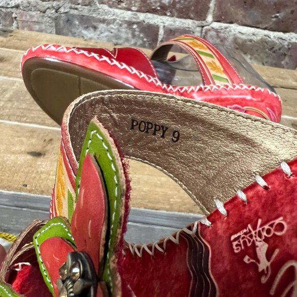 NIB Elite By Corkys 'Poppy' Red Leather Floral Heeled Sandal Sz 9 - Picture 11 of 13